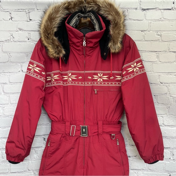 Vintage Bogner One-Piece Embroidered Ski Suit Fur Trimmed Hood Burgundy Sz 10 - Picture 2 of 16